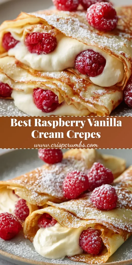 Raspberry Vanilla Cream Crepes: The Ultimate Elegant Brunch Masterpiece 4 A close up shot of thin, lightly golden-brown folded crepes resting on a matte ceramic plate, generously filled with thick, fluffy white vanilla cream and fresh whole red raspberries.