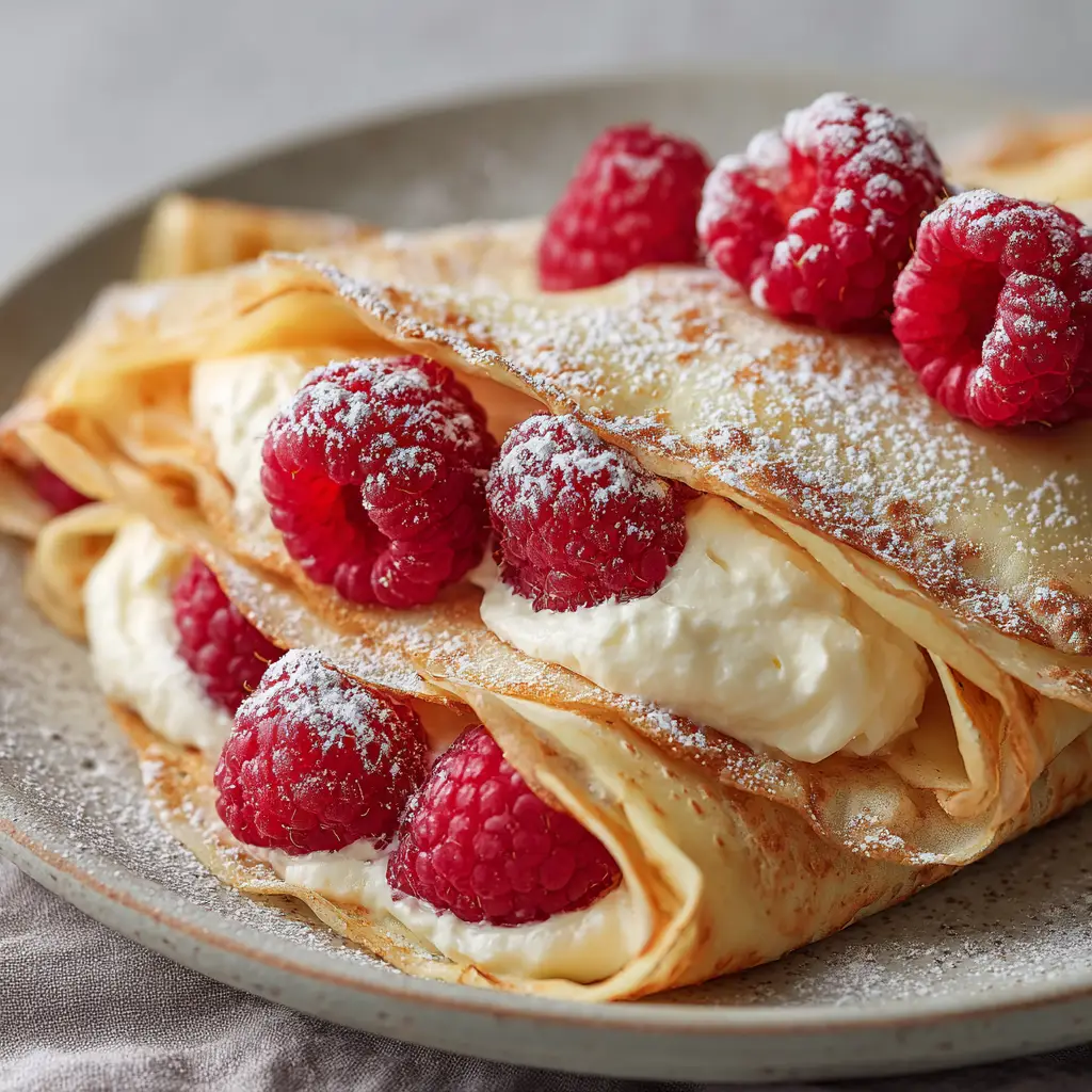 Raspberry Vanilla Cream Crepes: The Ultimate Elegant Brunch Masterpiece 1 Thick fluffy white vanilla cream inside a folded crepe with fresh raspberries on a matte ceramic plate.