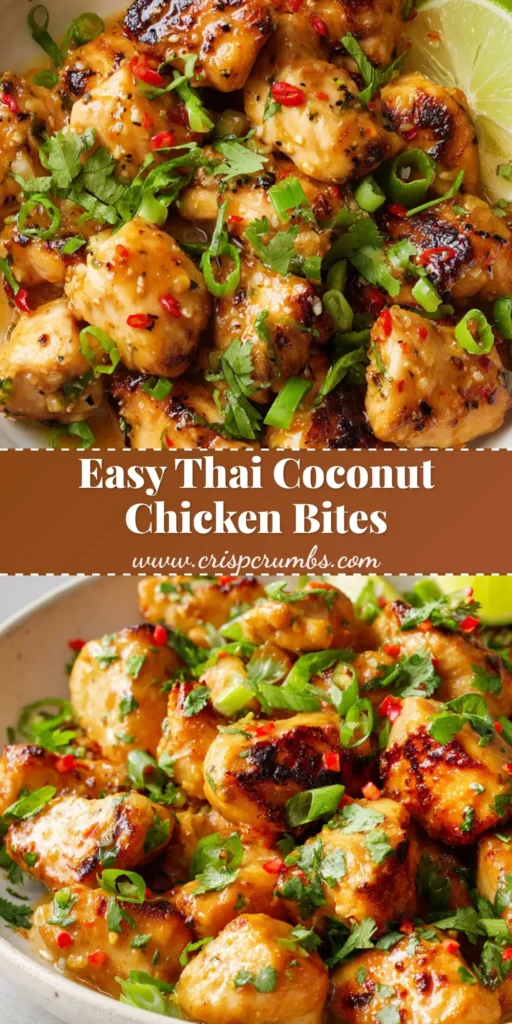 Sensational Thai Chicken Bites with a Creamy Coconut Glaze 4 Bite-sized Thai Chicken Bites glistening with a creamy orange-tinted coconut glaze, garnished with fresh cilantro and red chili flakes.