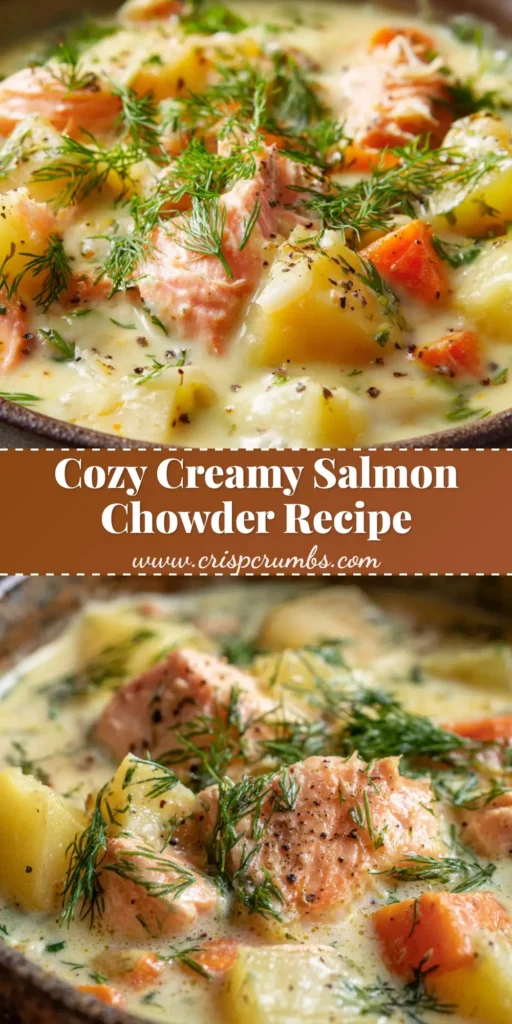 The Ultimate Creamy Salmon Chowder 4 A rustic ceramic bowl filled with thick, creamy Salmon Chowder, featuring tender pink salmon chunks, cubed potatoes, bright carrots, and fresh dill garnish.