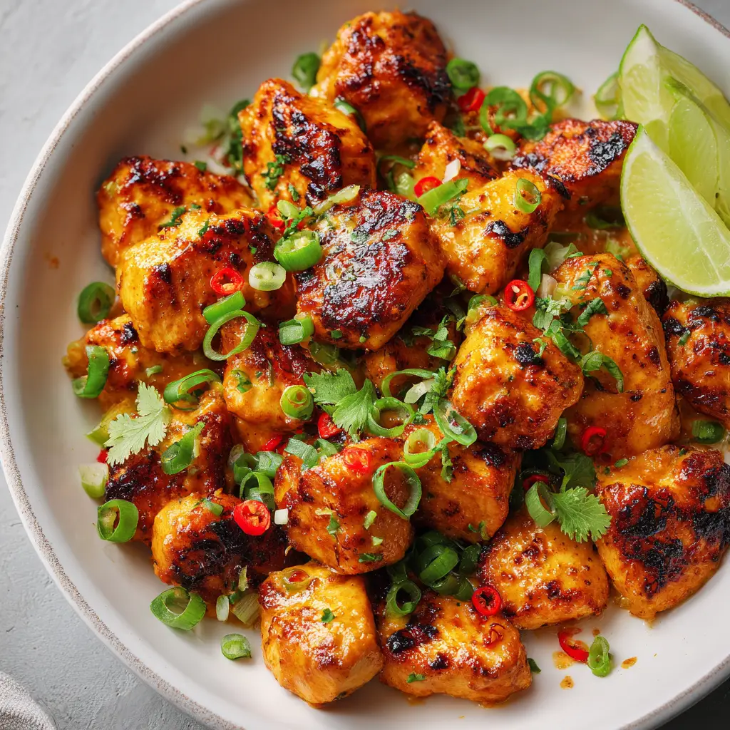 Sensational Thai Chicken Bites with a Creamy Coconut Glaze 1 Overhead view of Thai Chicken Bites loosely scattered in a bowl with thinly sliced green onions, chopped cilantro, and a fresh lime wedge.