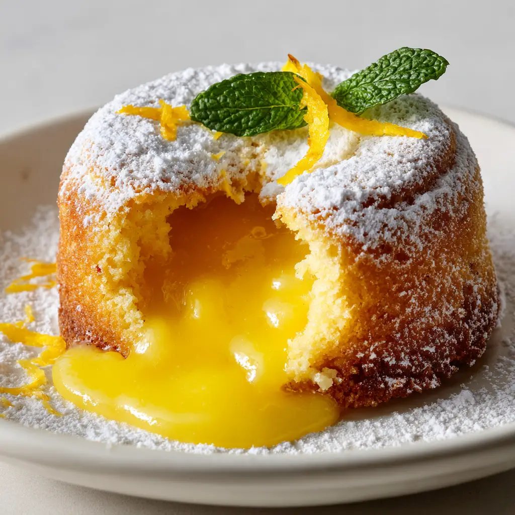 The Ultimate Lemon Lava Cake: A Golden Molten Citrus Dream 1 Lemon lava cake with a vibrant yellow gooey center, garnished with a fresh green mint leaf and yellow lemon zest twist.