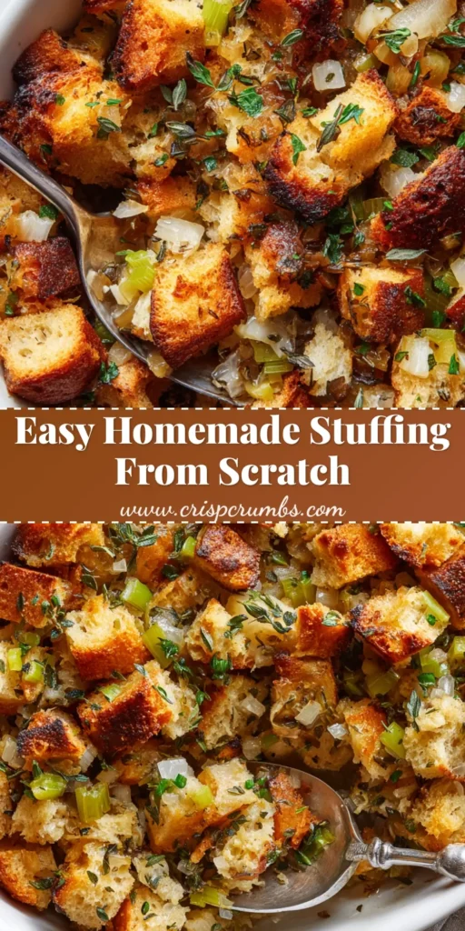 The Ultimate Homemade Stuffing Recipe With Perfectly Crispy Edges 4 A close-up view of a baked Homemade Stuffing Recipe in an oval white ceramic casserole dish, featuring crisp golden-brown bread edges and fresh herbs.