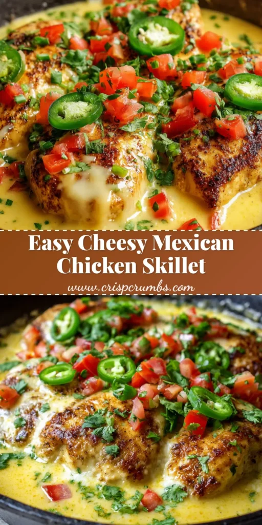 Irresistible Skillet Mexican Chicken with Cheese Sauce 4 A black cast iron skillet featuring seared golden-brown Mexican chicken with cheese sauce, garnished with diced red tomatoes, fresh green cilantro, and sliced jalapenos.