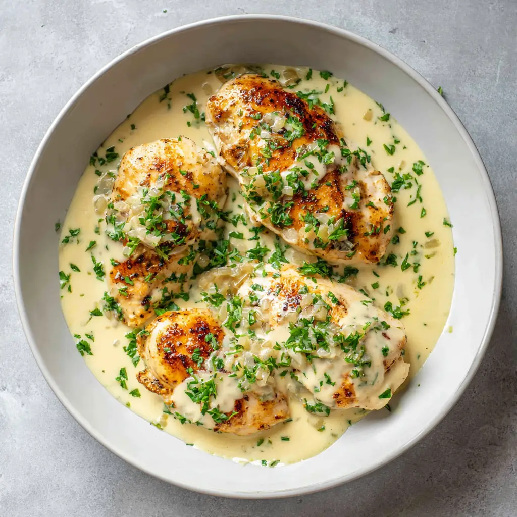 Elegant Pan-Seared Champagne Chicken Recipe 1 Overhead shot of a wide, shallow matte white ceramic bowl holding champagne chicken on a plain neutral gray surface.