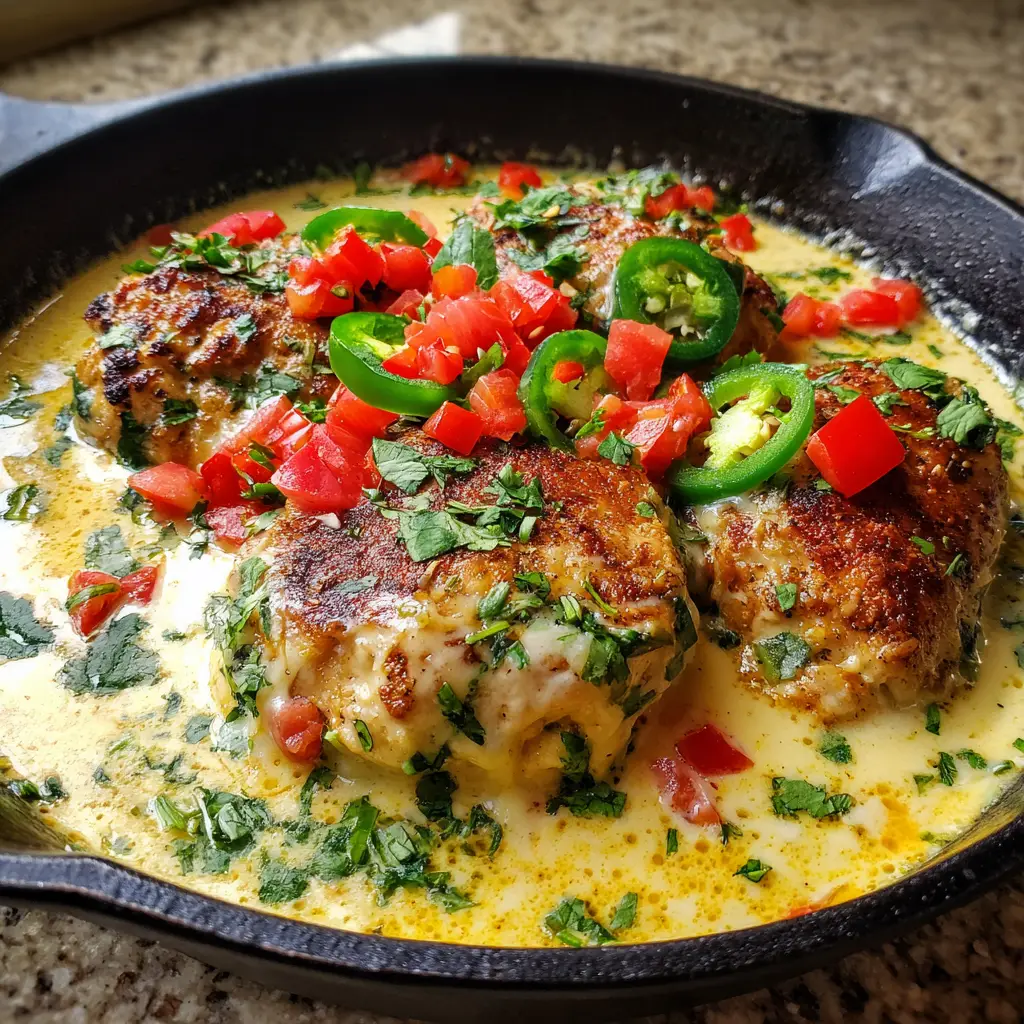 Irresistible Skillet Mexican Chicken with Cheese Sauce 1 Soft natural daylight illuminating the creamy texture of the cheese sauce on seared Mexican chicken, topped with fresh diced tomatoes and jalapeno rounds.