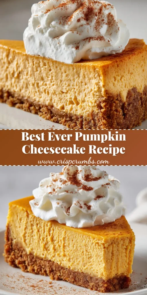The Ultimate Dense & Smooth Pumpkin Cheesecake 4 A perfect slice of dense pumpkin cheesecake with a thick golden-brown graham cracker crust, topped with whipped cream and cinnamon.