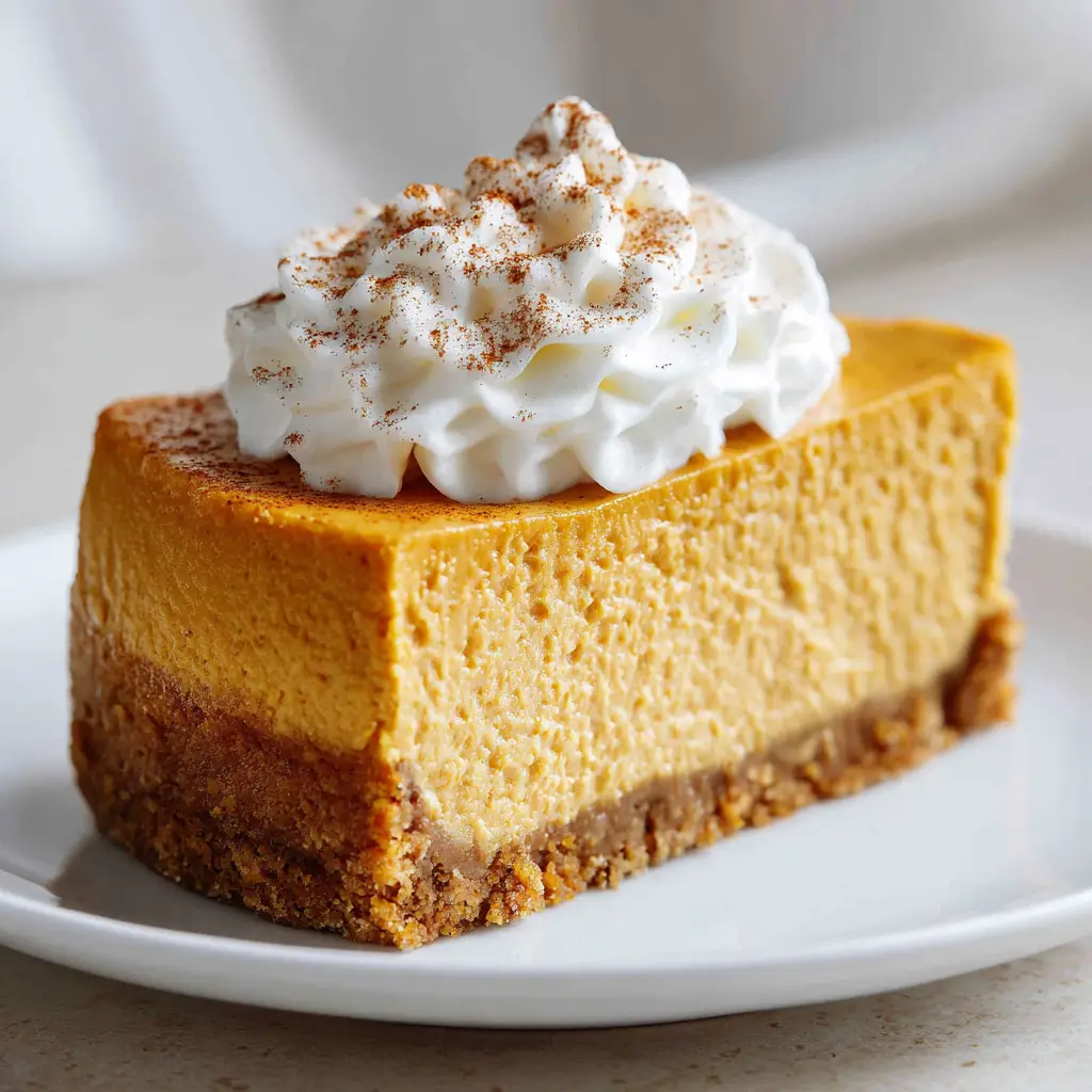 The Ultimate Dense & Smooth Pumpkin Cheesecake 1 A handheld smartphone photo showcasing a soft pristine white dollop of whipped cream dusted lightly with reddish-brown cinnamon powder on top of pumpkin cheesecake.