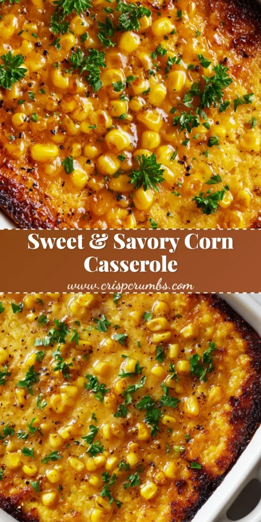 A close-up overhead shot of a freshly baked honey-glazed corn casserole in a classic white ceramic rectangular baking dish, garnished with fresh chopped green parsley and coarse ground black pepper.