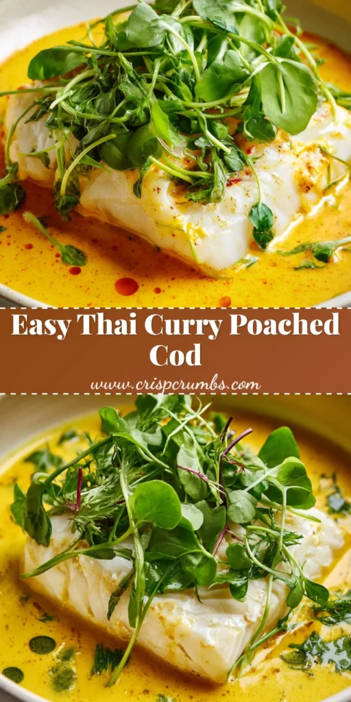 Exquisite Yellow Curry Poached Cod 4 A thick, flaky poached white cod fillet resting in a shallow white ceramic bowl with vibrant yellow coconut curry sauce, garnished with fresh watercress and infused oil droplets. (Yellow Curry Poached Cod)