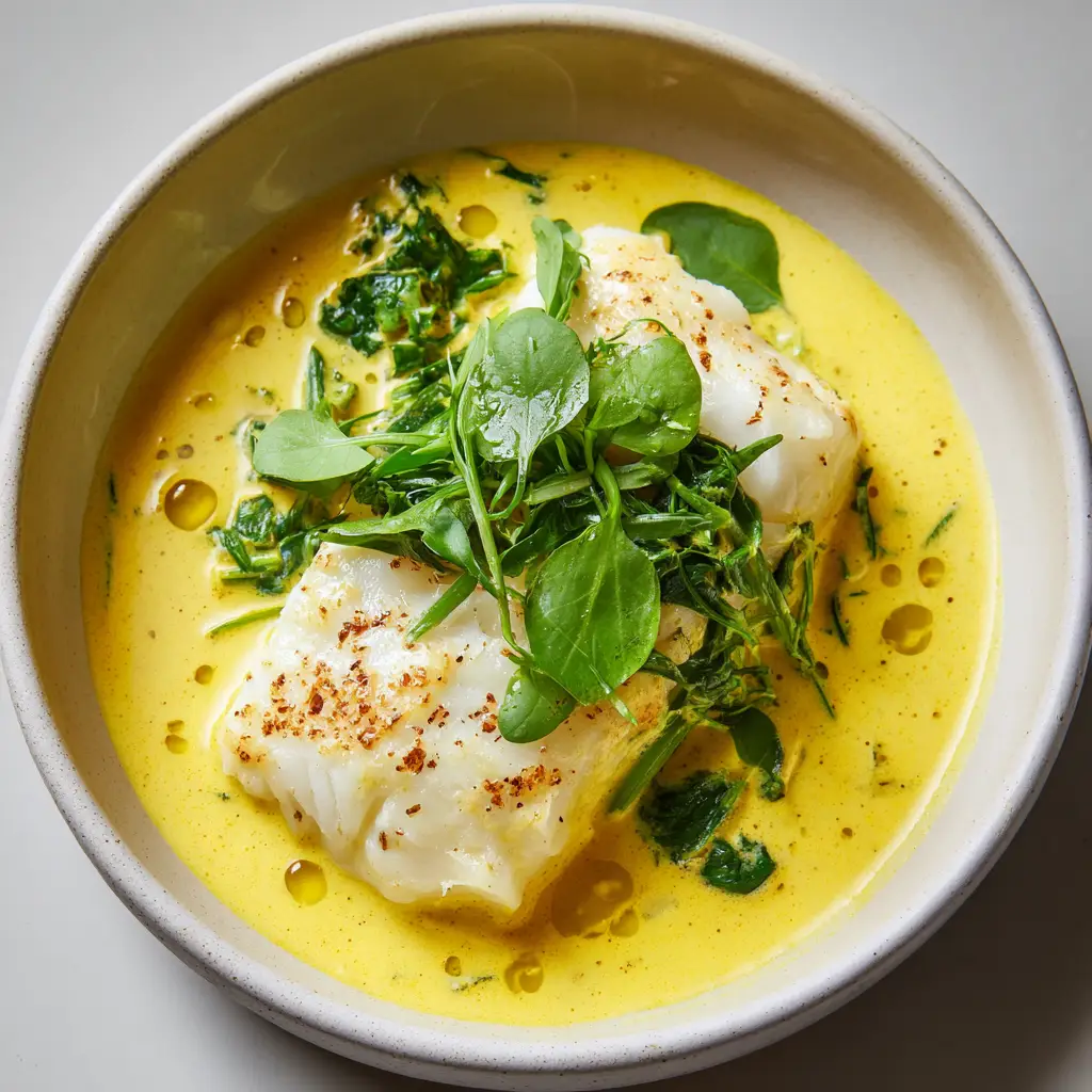 Exquisite Yellow Curry Poached Cod 1 Delicate green watercress sprigs and infused chili oil droplets resting on top of poached cod in a white bowl.