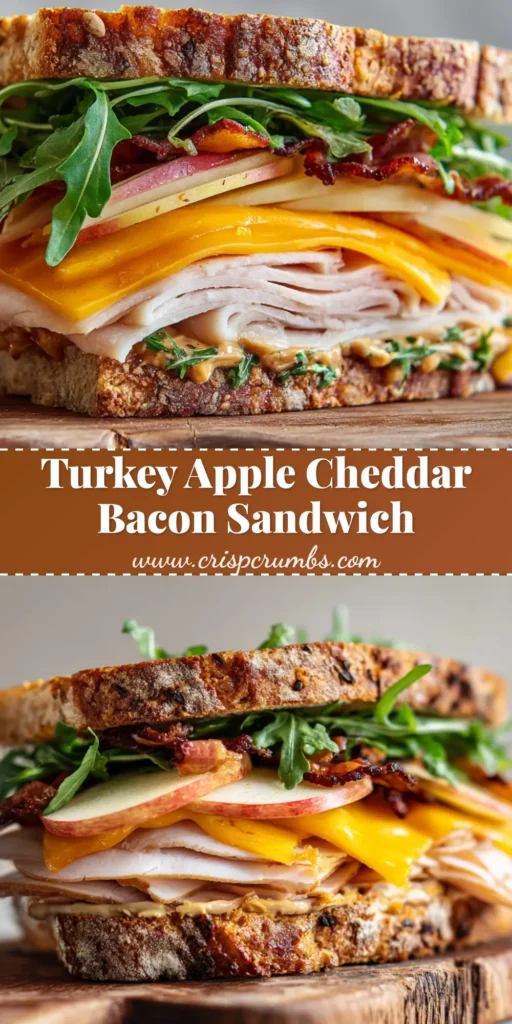 A close-up, handheld smartphone photo of a half-cut gourmet Turkey Apple Cheddar Sandwich resting on a rustic wooden cutting board, showcasing layers of melted cheese, apples, and bacon.