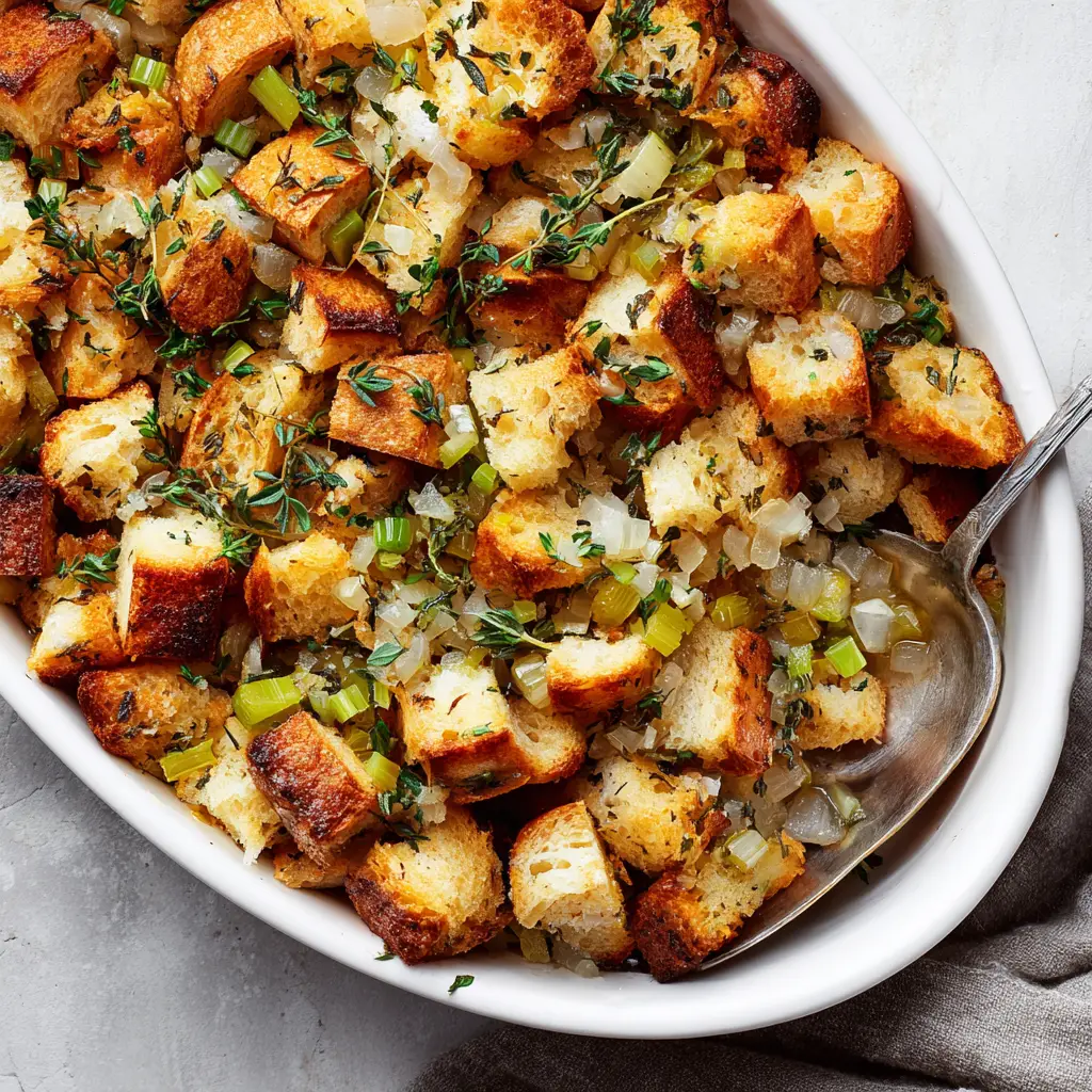 The Ultimate Homemade Stuffing Recipe With Perfectly Crispy Edges 1 Close-up of translucent diced onions, rustic bread cubes, and fresh sage in a freshly baked Homemade Stuffing Recipe.