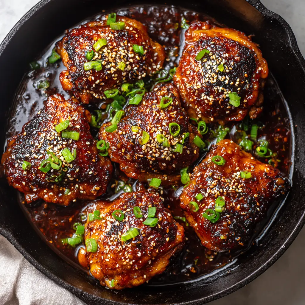 Honey garlic chicken heavily garnished with a sprinkle of toasted white sesame seeds and chopped green onions.