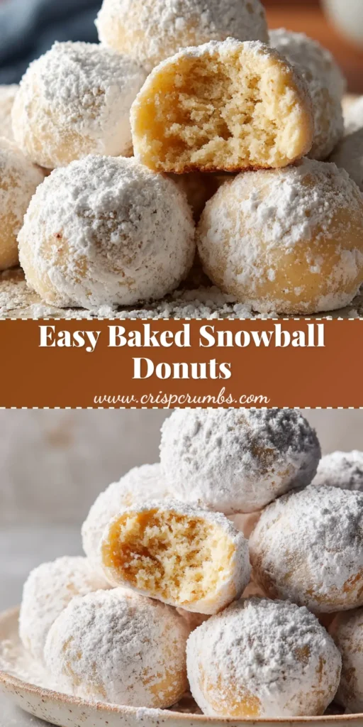 A close-up view of round baked snowball donut holes piled on a rustic ceramic plate, generously coated in a pristine white powdered sugar.
