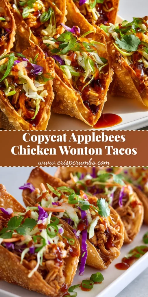 Applebee's Chicken Wonton Tacos: The Ultimate Copycat Appetizer 4 A close up view of Applebee's Chicken Wonton Tacos featuring crispy wonton shells, glistening soy-marinated chicken, fresh slaw, and a sweet chili drizzle.