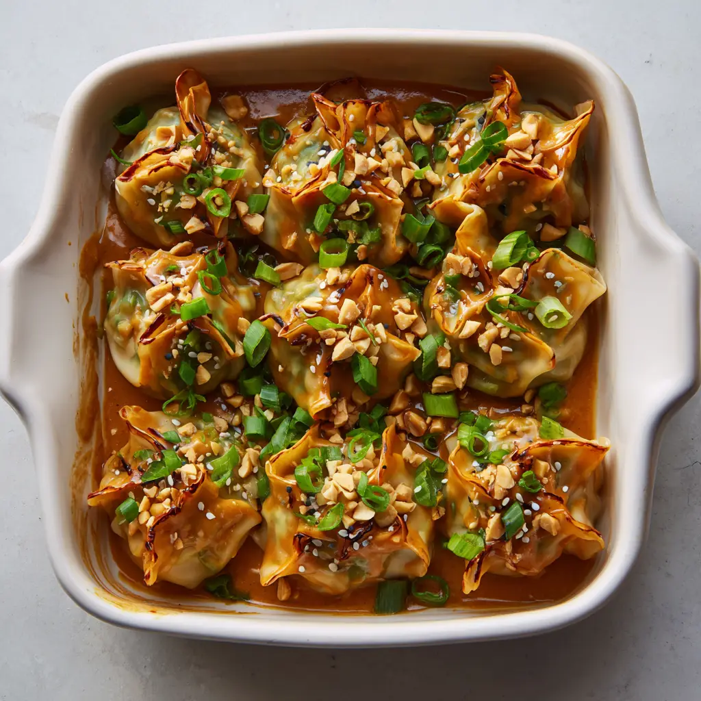 The Ultimate Crispy Oven-Baked Dumplings with Peanut Sauce 1 Slightly charred and blistered oven baked potstickers garnished with vibrant green scallions and white sesame seeds.