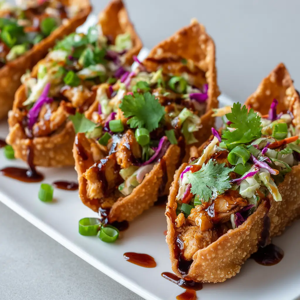 Applebee's Chicken Wonton Tacos: The Ultimate Copycat Appetizer 1 Applebee's Chicken Wonton Tacos topped with green cabbage, purple cabbage, carrot slivers, and sweet chili sauce.