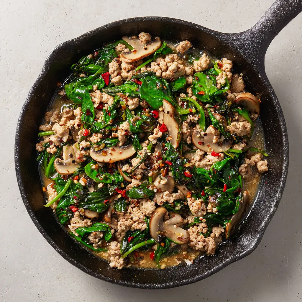 Savory Ground Turkey Skillet with Mushrooms and Spinach 1 Overhead shot of a rustic Ground Turkey Skillet sitting on a neutral kitchen counter under soft natural daylight.