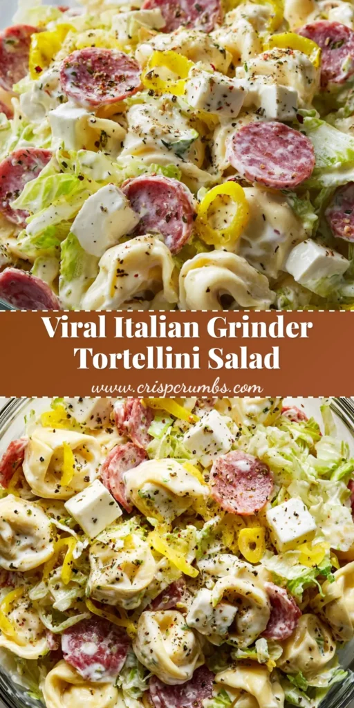 A large glass bowl of Italian Grinder Tortellini Salad with salami ribbons, provolone, and yellow banana peppers.
