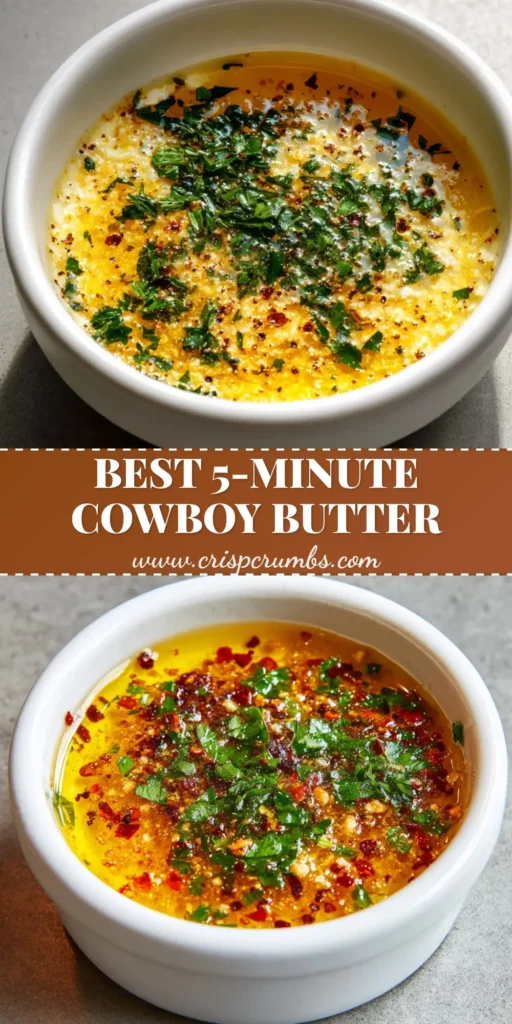 A top-down view of a white ceramic bowl filled with the Cowboy Butter Recipe, showing melted golden butter, green parsley, and red pepper flakes.
