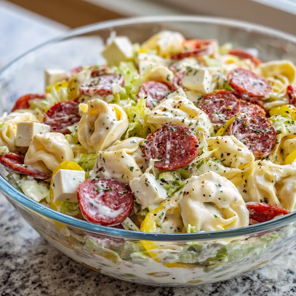 A top-down view of the Italian Grinder Tortellini Salad with bright yellow peppers and salami.