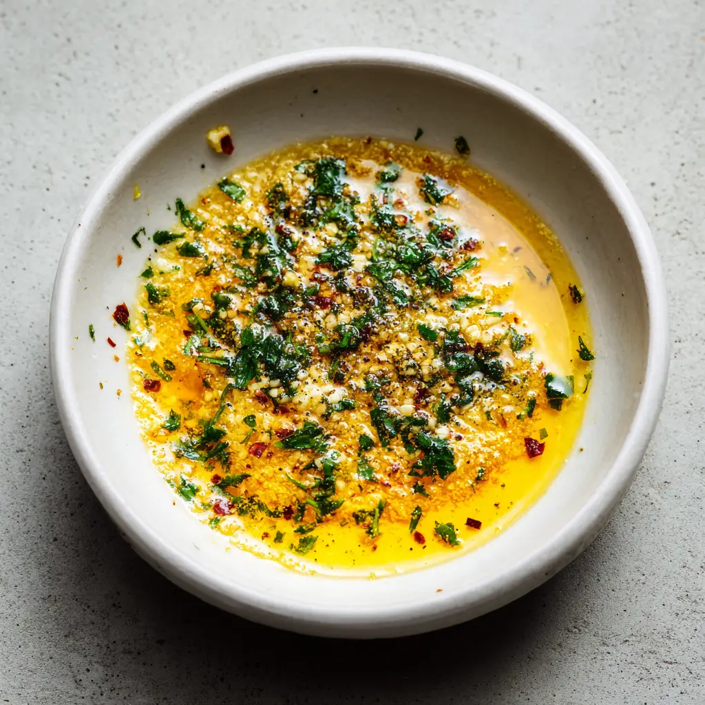 Close up of Cowboy Butter Recipe showing minced garlic, bright green parsley, and yellow lemon zest suspended in melted butter.