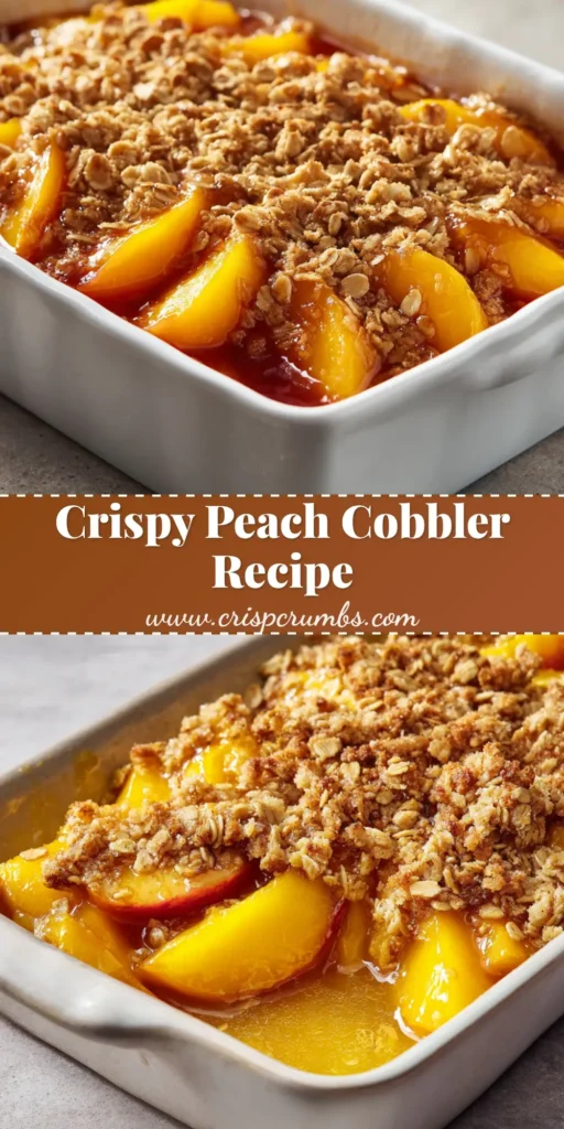 A bubbling Peach Cobbler with Oatmeal Crumble in a white baking dish on a stone surface.