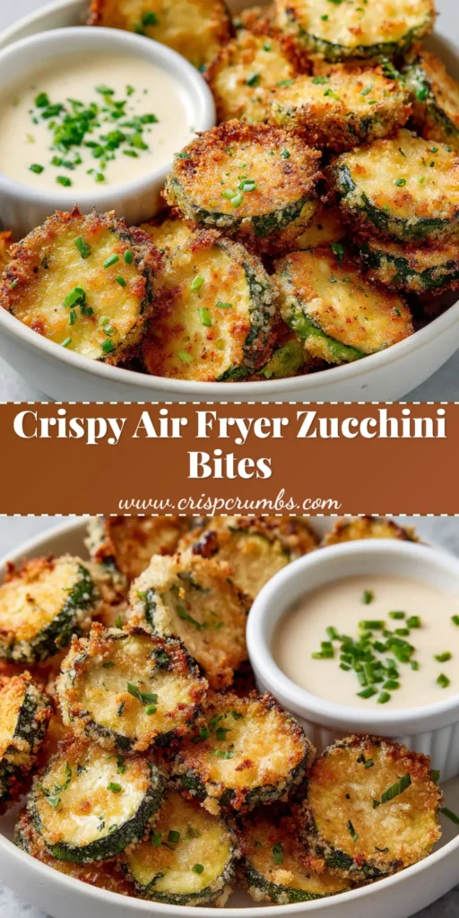 A pile of golden brown Air Fryer Zucchini Bites in a white bowl with a side of creamy chive sauce.