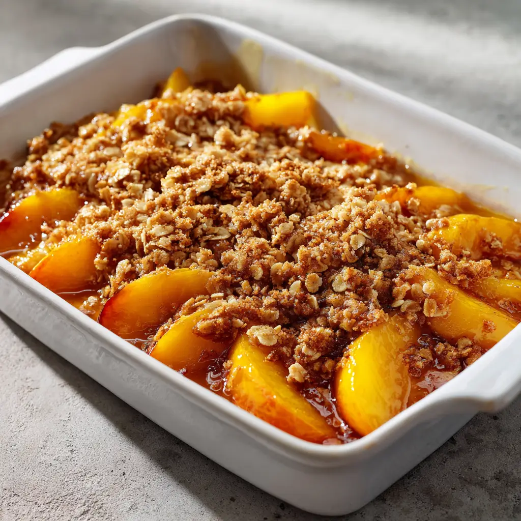 Golden-brown butter crumble with whole rolled oats on a Peach Cobbler with Oatmeal Crumble.