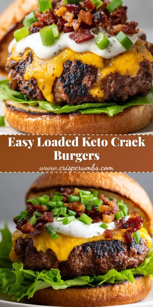 A close-up shot of Keto Crack Burgers with melted cheddar, crispy bacon, and ranch drizzle on a toasted bun.