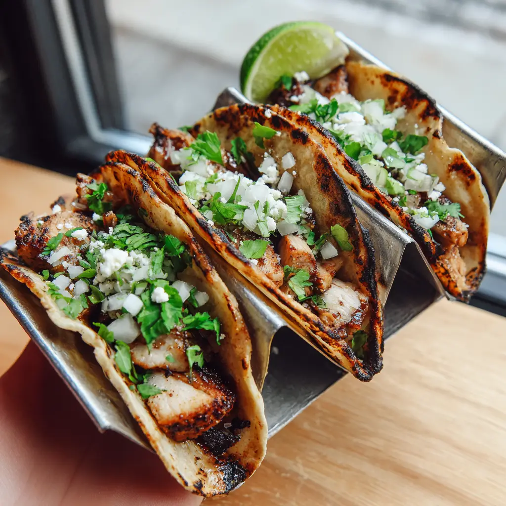 Close up of Chicken Street Tacos topped with finely chopped white onions, cilantro, and crumbled cotija cheese.