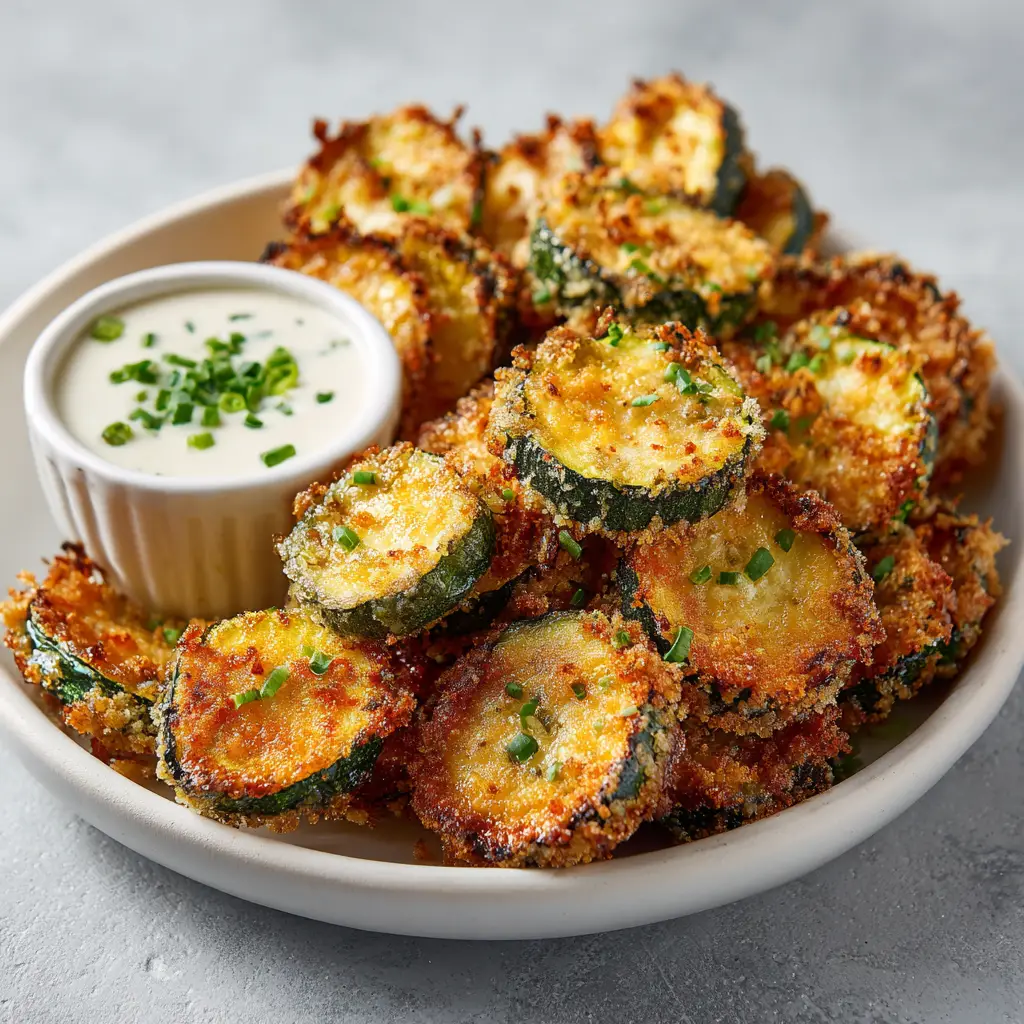 Air Fryer Zucchini Bites in a white ceramic bowl next to a ramekin of creamy dipping sauce with fresh chives.