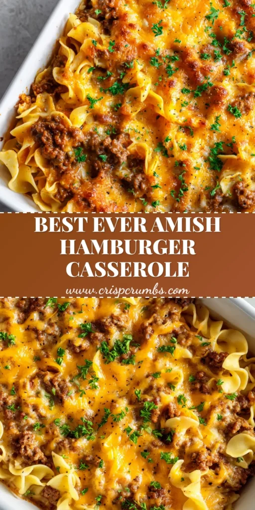 An overhead view of Amish Hamburger Casserole in a white ceramic dish featuring bubbly cheddar cheese, parsley, and egg noodles.