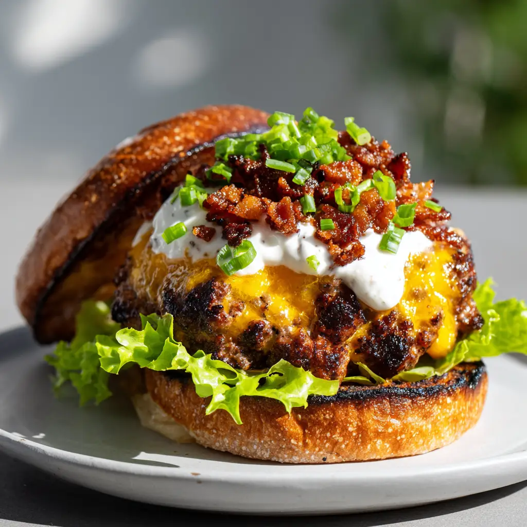 Side view of a Keto Crack Burger showing the layers of lettuce, beef, cheese, bacon, and ranch.