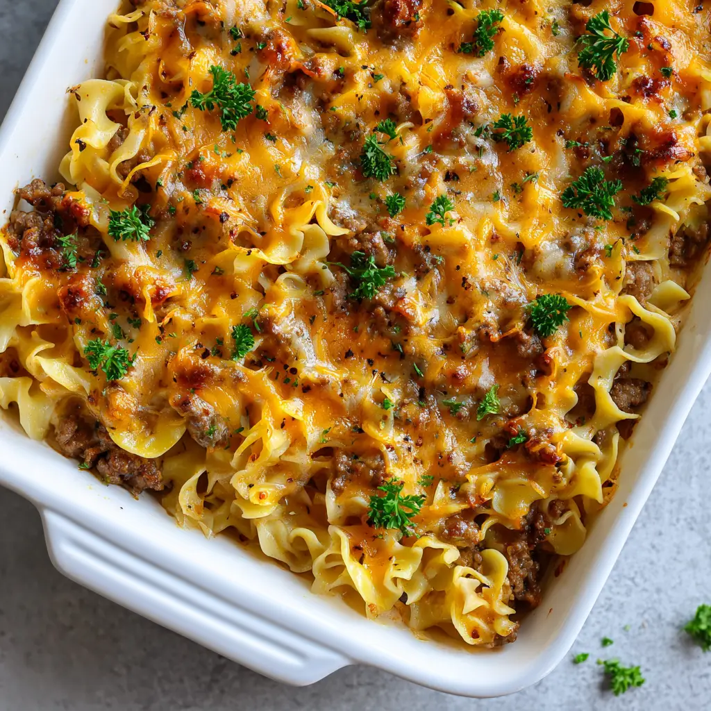 The bubbly, charred cheddar cheese topping of an Amish Hamburger Casserole garnished with fresh parsley.