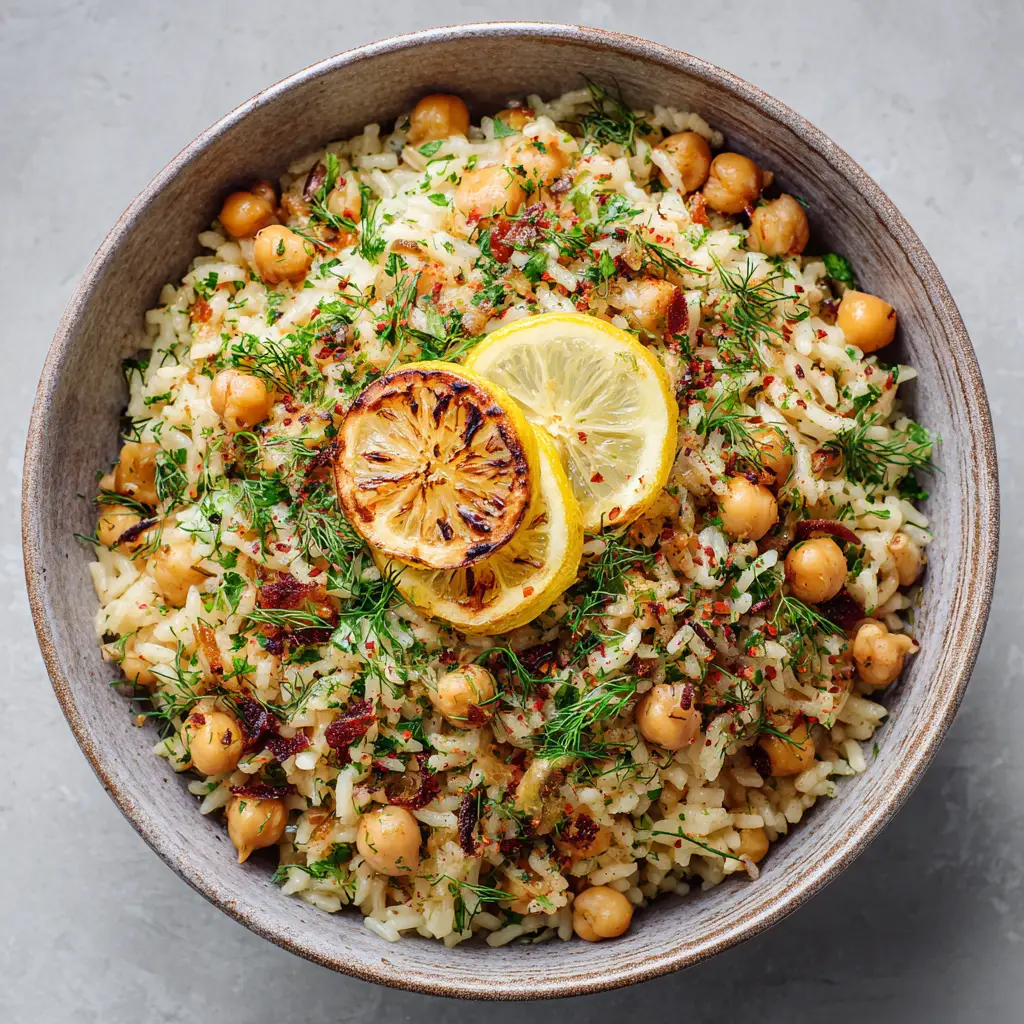 Close up of Mediterranean Rice and Beans showing textures of individual rice grains and fresh herb flecks.