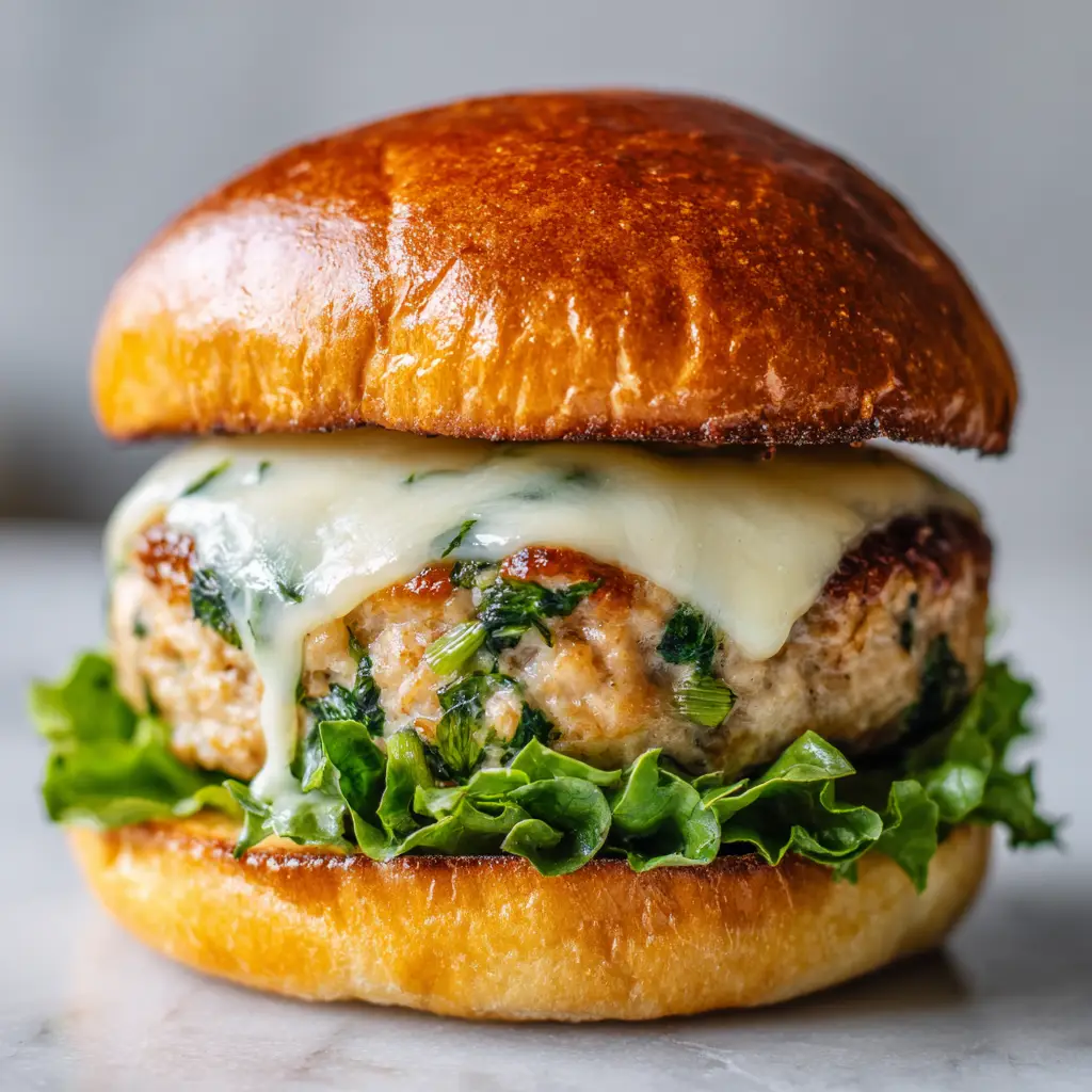 Bite-sized detail of White Cheddar Spinach Chicken Burgers with melted cheese pockets and soft brioche texture.