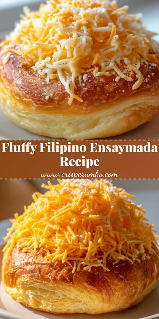A close-up of a Filipino Ensaymada with golden coiled brioche, thick butter, and a mound of shredded cheddar cheese.