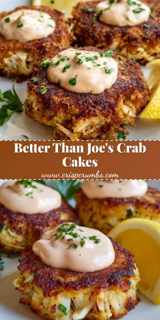 Three thick, round Joe's Crab Shack Crab Cakes on a white plate with pink remoulade sauce and a lemon wedge.
