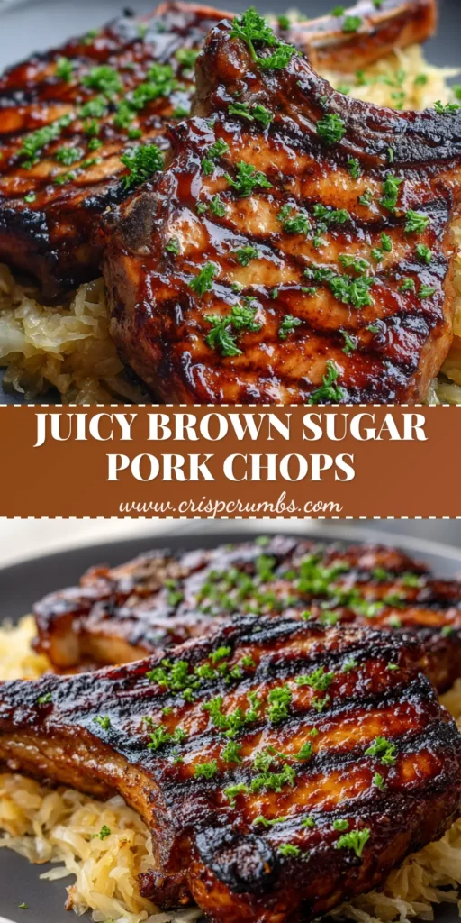 Grilled Brown Sugar Pork Chops with Caramelized Glaze and Fermented Sauerkraut 4 Two thick-cut bone-in Grilled Brown Sugar Pork Chops with dark char marks on a bed of sauerkraut.