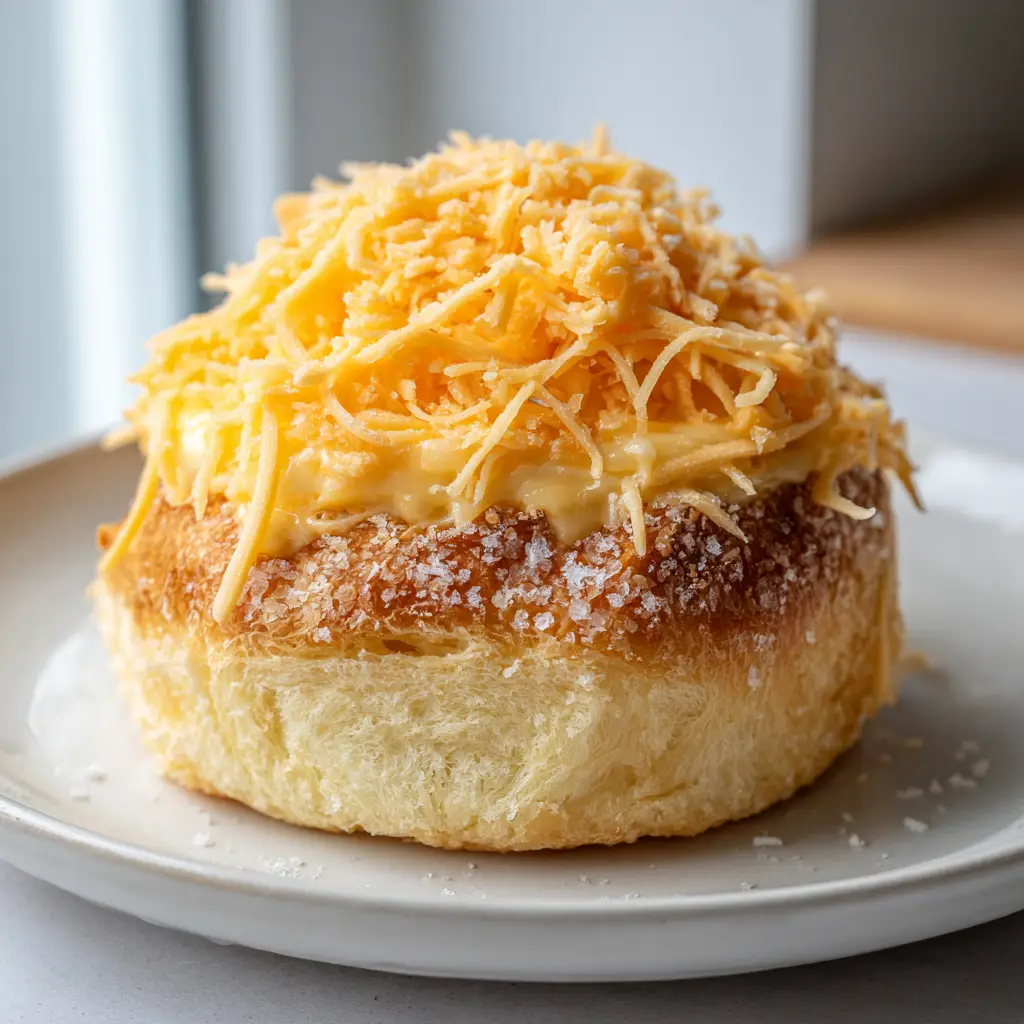 Close-up detail of the granulated sugar crystals and shredded cheddar on a Filipino Ensaymada.