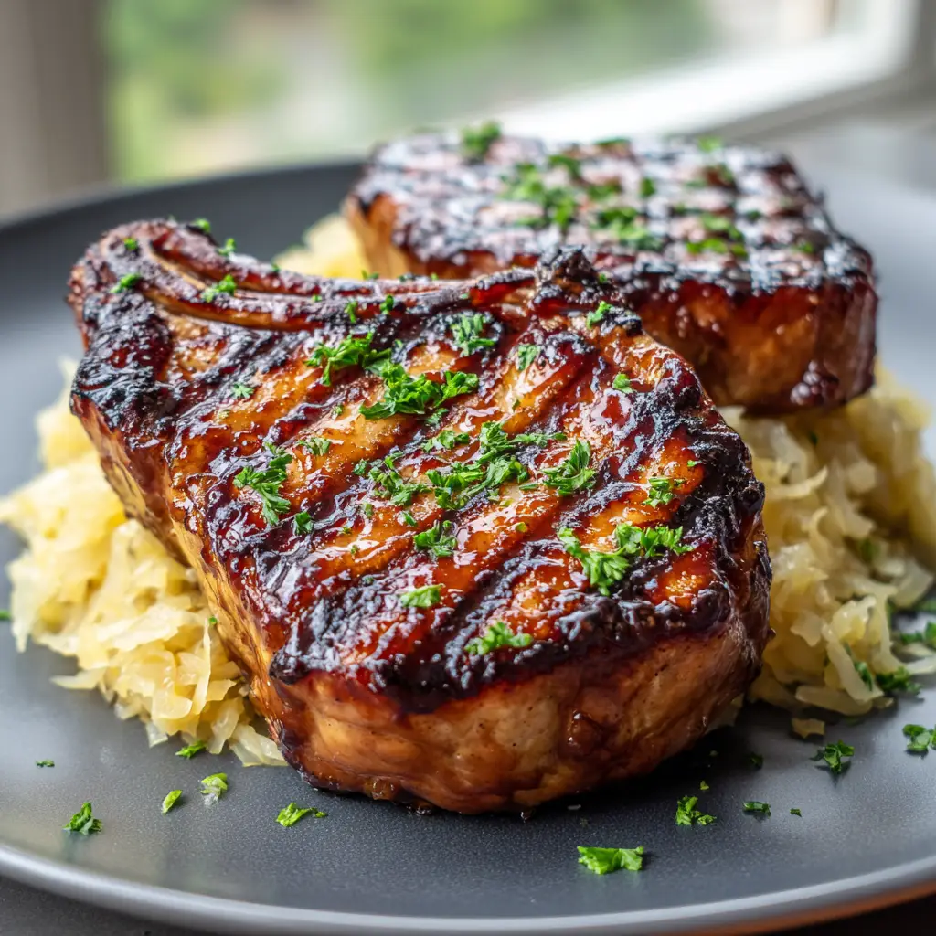 Grilled Brown Sugar Pork Chops with Caramelized Glaze and Fermented Sauerkraut 1 Grilled Brown Sugar Pork Chops resting on a charcoal grey plate with vibrant green parsley garnish.