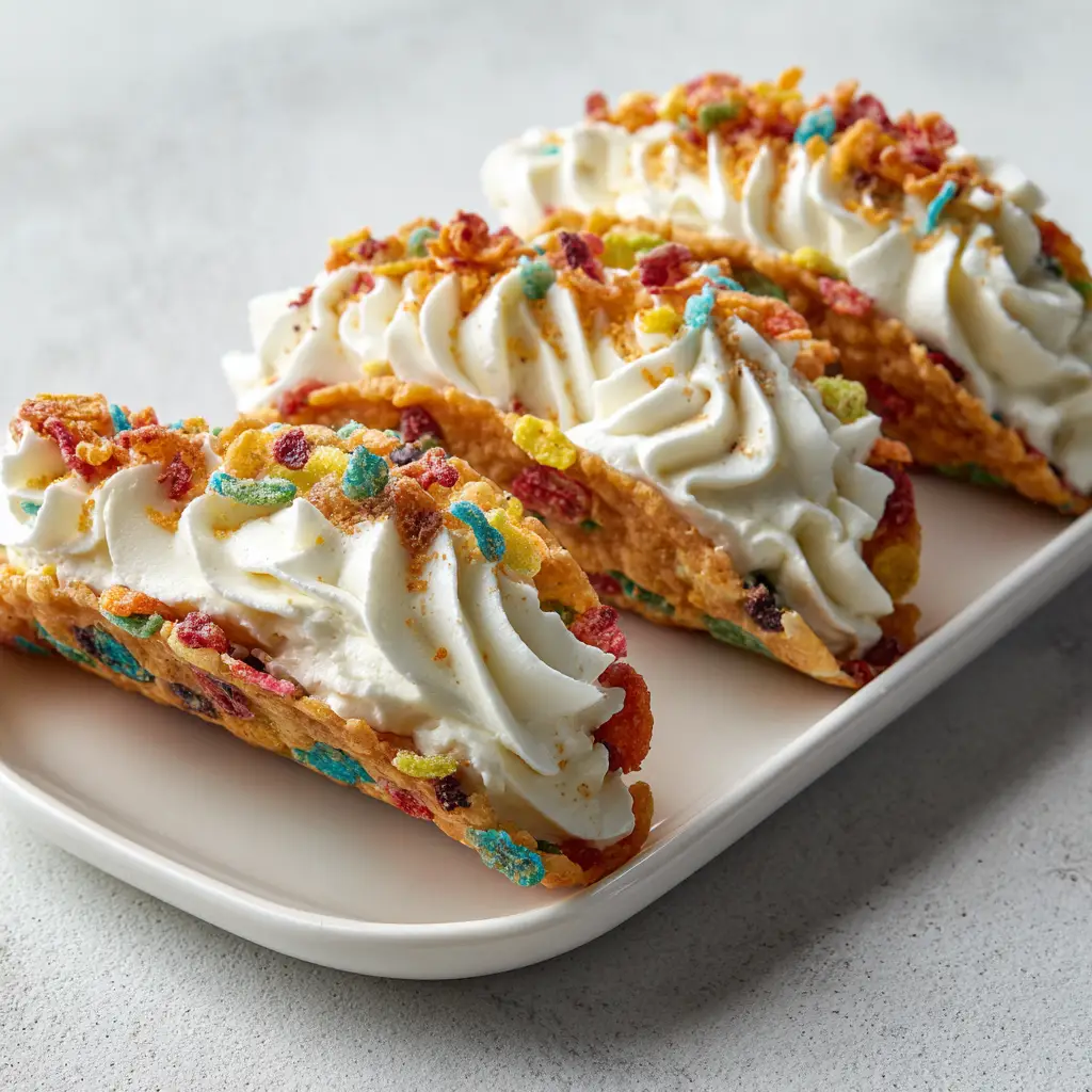 Fruity Pebbles Cheesecake Tacos: The Ultimate No-Bake Cereal Dessert 1 Close up of star-tip piped cheesecake filling inside a multicolored Fruity Pebbles taco shell.