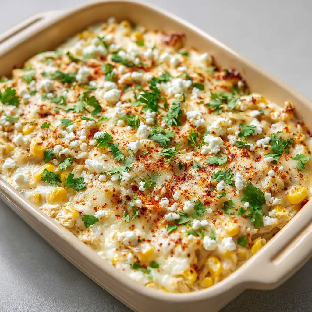 Street Corn Chicken Casserole: The Ultimate Cheesy Weeknight Bake 1 Close-up of shredded chicken and corn kernels in a creamy sauce under a bubbly cheese layer. (Street Corn Chicken Casserole)