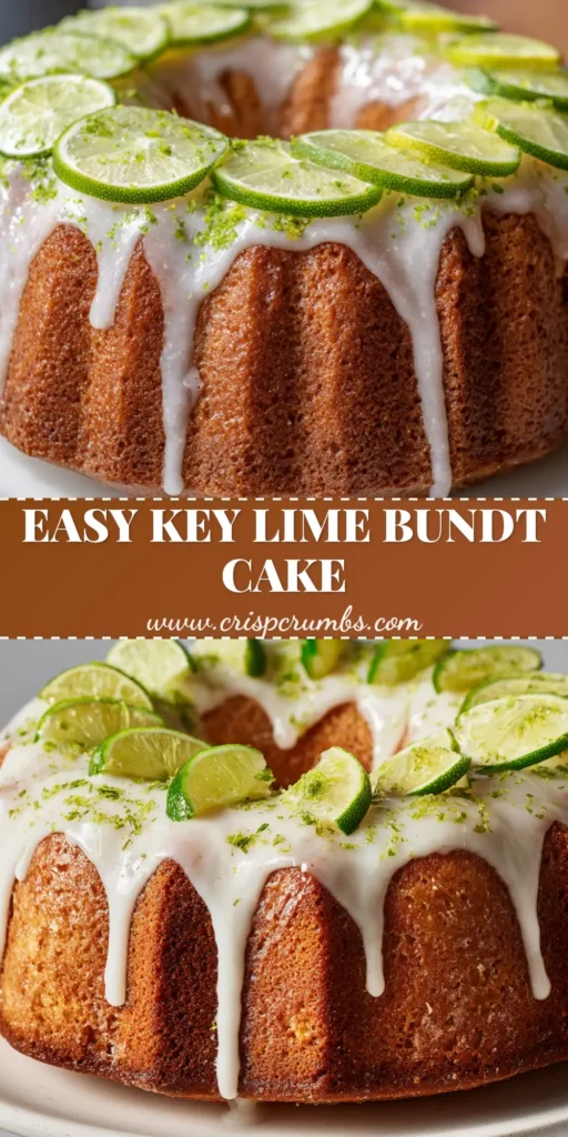 A professional shot of a Key Lime Bundt Cake on a white ceramic pedestal with thick white glaze and fresh lime slices.