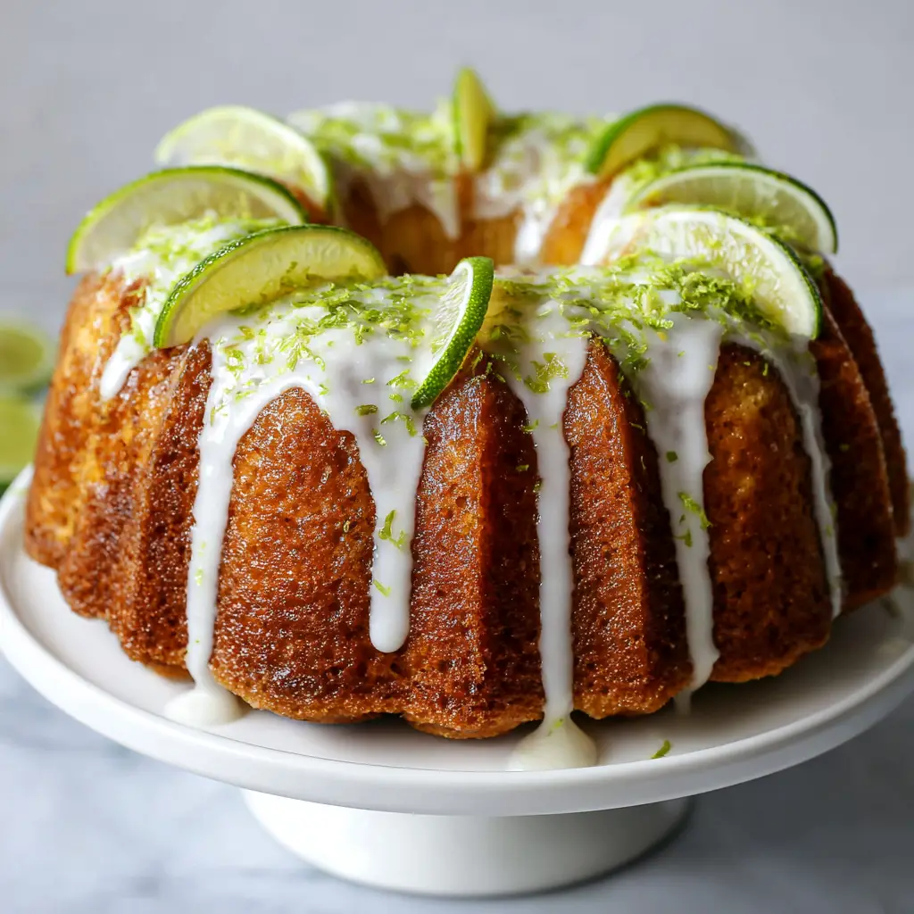 A slice of Key Lime Bundt Cake showing the moist, tight crumb and thick dripping glaze.