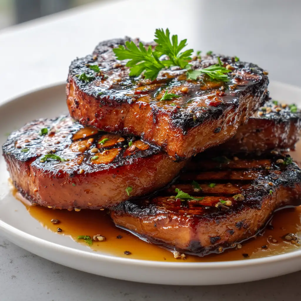 Detailed view of cross-hatch grill marks on thick-cut pork chops seasoned with cracked black pepper and parsley.