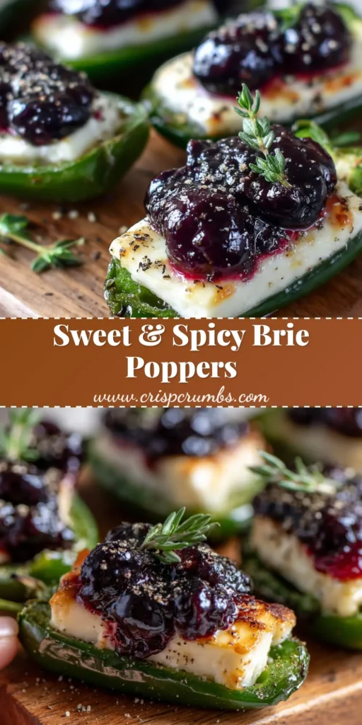 A wooden board topped with several Blueberry Brie Jalapeno Poppers, featuring blistered green peppers, melted white brie, and glossy purple blueberry compote garnished with thyme.