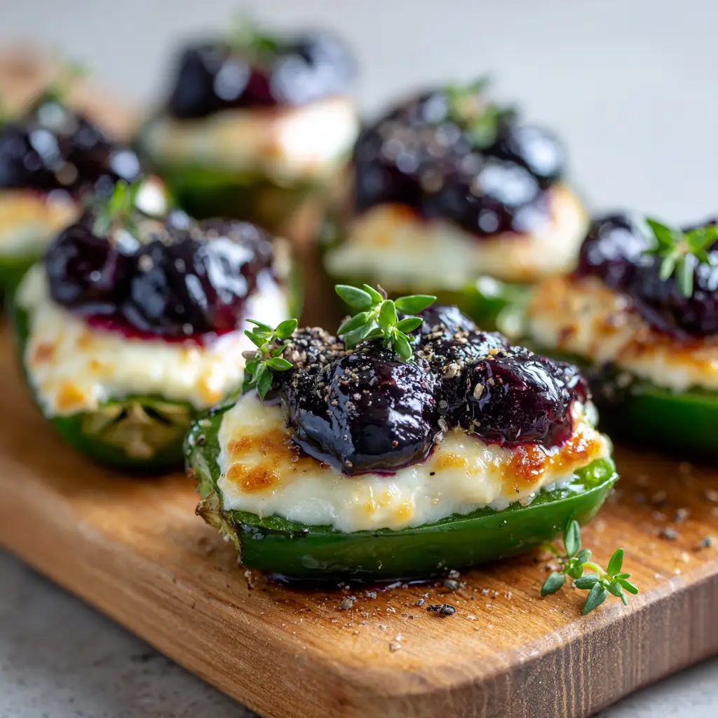 Several Blueberry Brie Jalapeno Poppers arranged on a rustic wooden board in soft natural light.